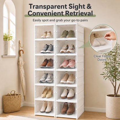 GOFLAME 6-Tier Foldable Shoe Storage Box| Stackable Space-Saving Shoe Rack Organizer Set of 2