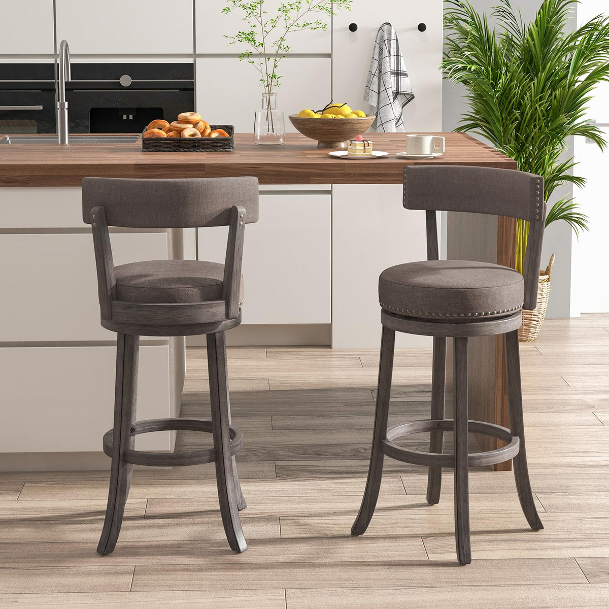 Goflame 31" Bar Stools Set, Swivel Bar Height Bar Chairs with Footrest, Rubber Wood Frame