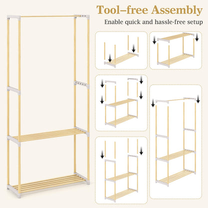 Goflame Pine Wood Clothes Rack with 2-Tier Open Storage Shelf for Hanging Clothes