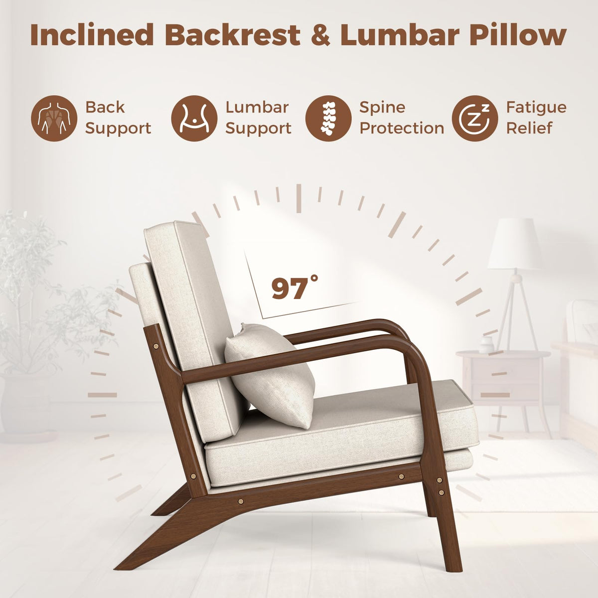 Goflame Mid Century Modern Accent Chair, Upholstered Armchair with Pillow, Rubber Wood Armrests & Legs