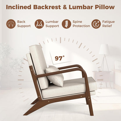 Goflame Mid Century Modern Accent Chair, Upholstered Armchair with Pillow, Rubber Wood Armrests & Legs