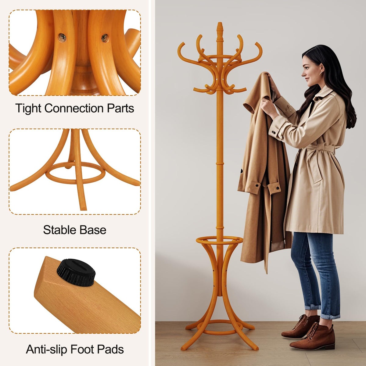 Goflame Solid Wood Coat Rack, Freestanding Hall Tree w/12 Hooks, Umbrella Holder, Entryway Hanger Stand for Coat