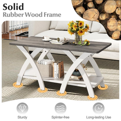 Goflame Farmhouse Coffee Table 2-Tier Wood Center Table with Storage Shelf & X-Shaped Support Legs