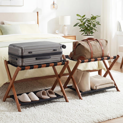 Goflame Folding Luggage Rack | Solid Rubber Wood Suitcase Stand with Storage Shelves