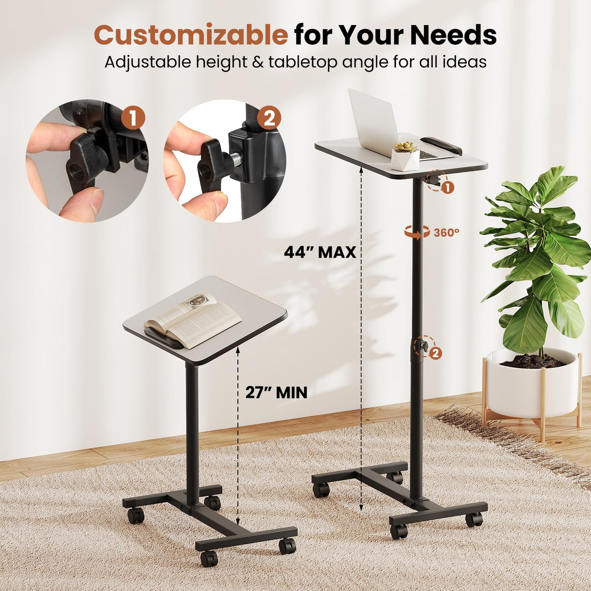 Goflame Overbed Table with Wheels Medical Adjustable Bedside Table