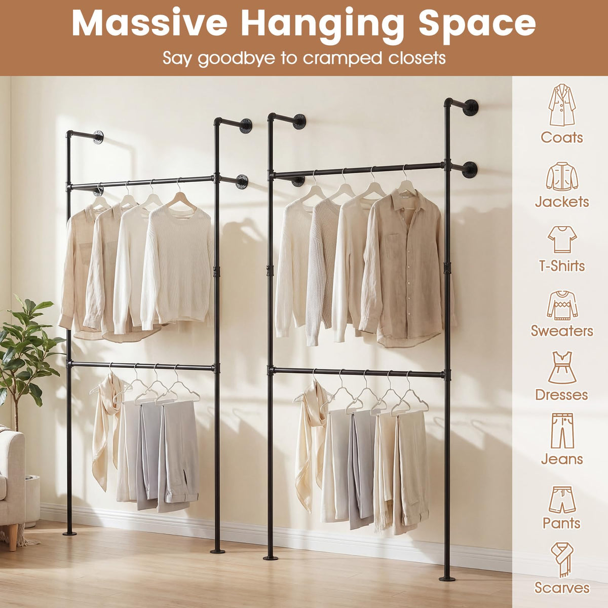 Goflame Industrial Pipe Clothing Rack for Wardrobe Closet