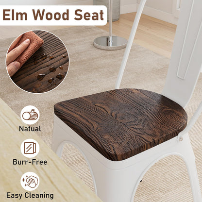 Goflame Metal Dining Chairs Set of 4 Stackable Armless Kitchen Chairs w/Elm Wood Seat