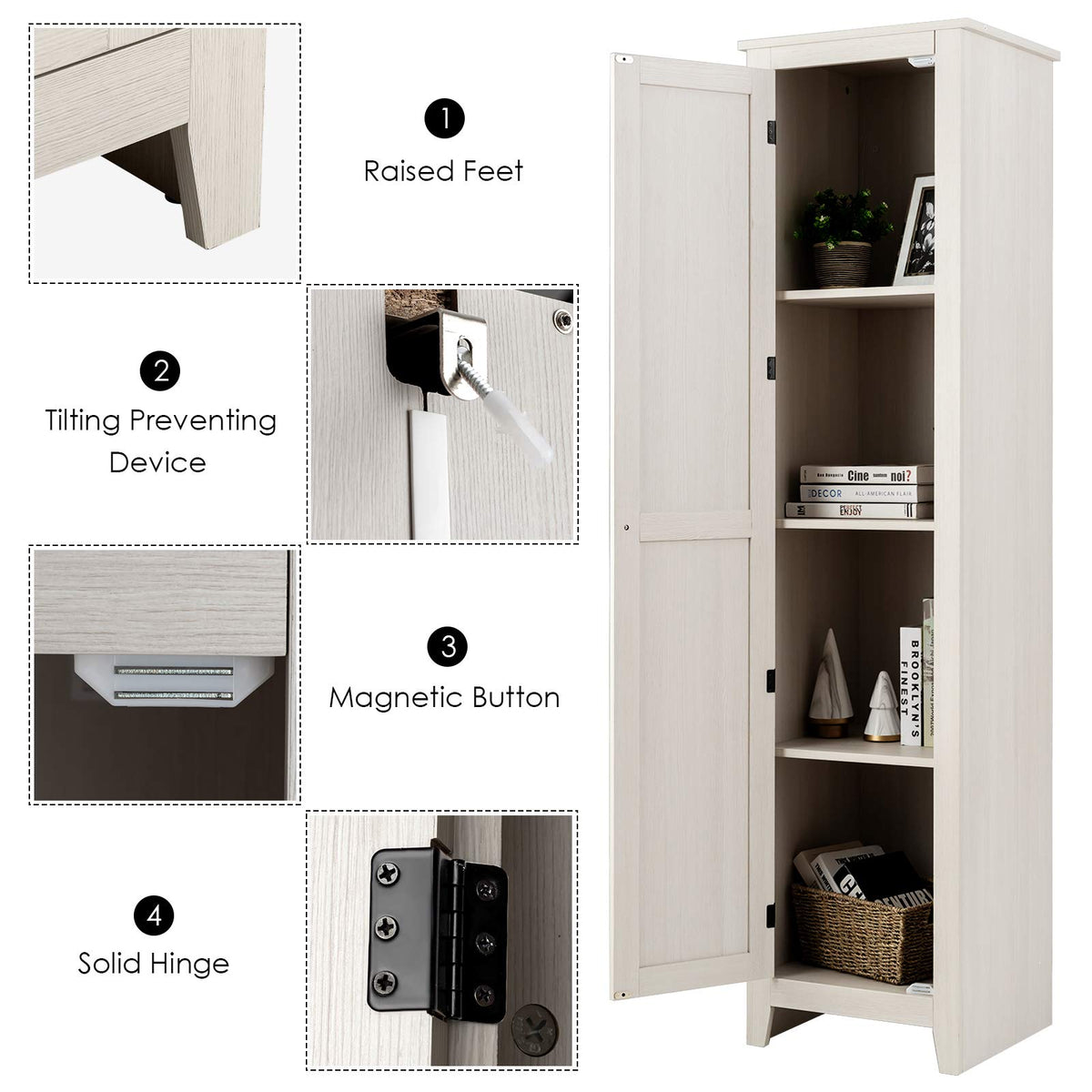 Goflame Tall Storage Cabinet Freestanding Floor Storage Tower with Four Shelves and Single Door