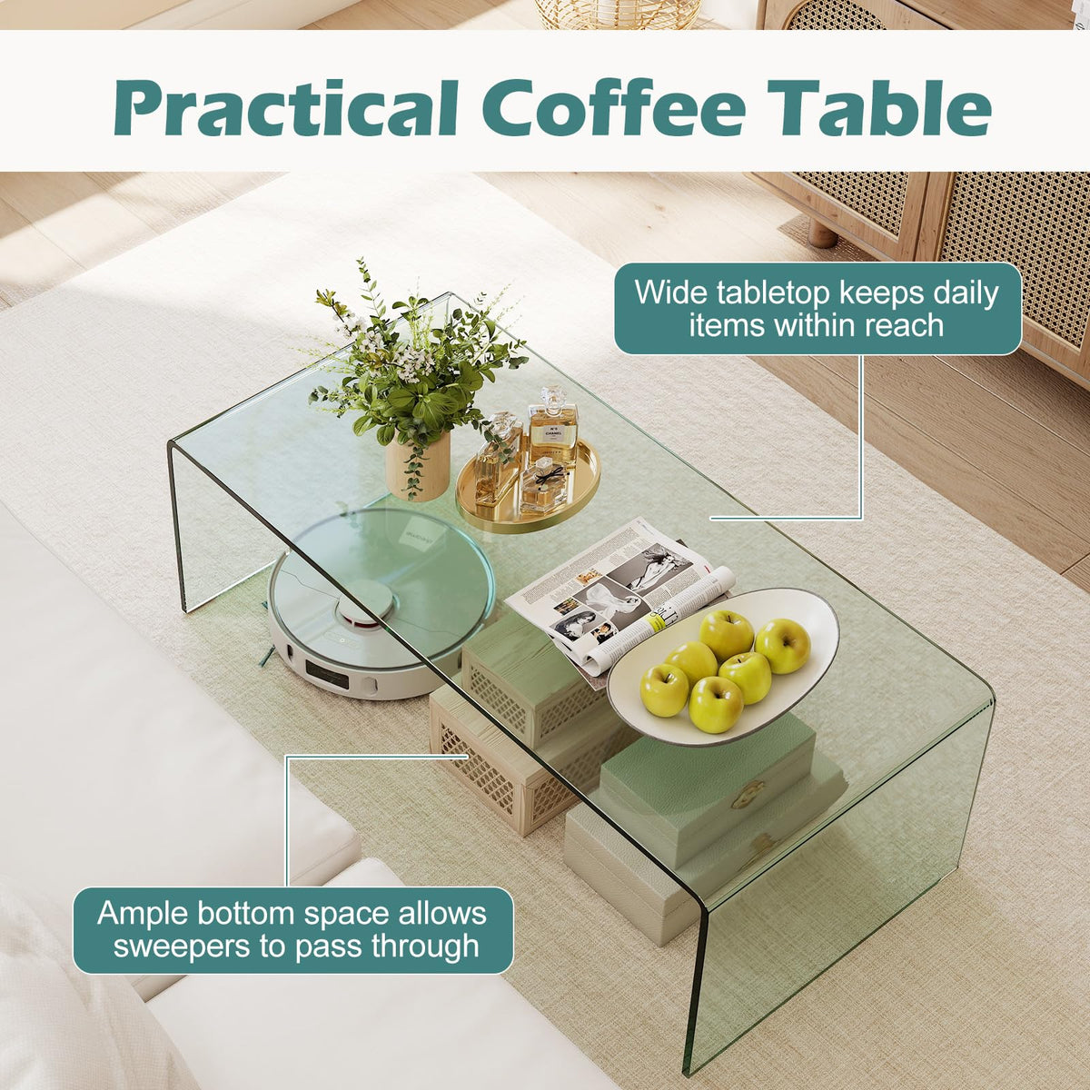 Goflame 40 Inch Clear Center Coffee Table with Tempered Glass Top & Round Edges