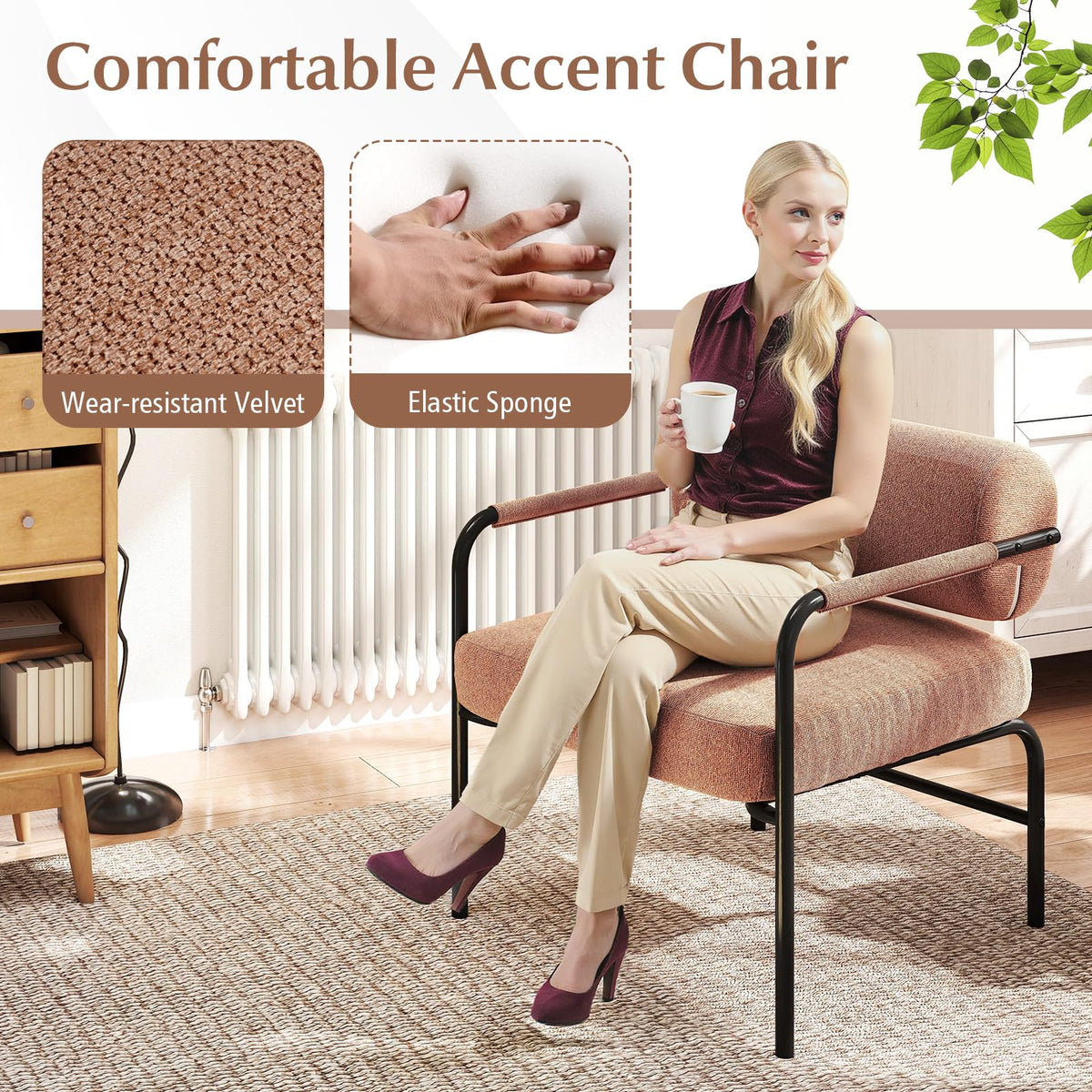 Goflame Velvet Upholstered Living Room Chair with Thickened Backrest & Metal Armrests