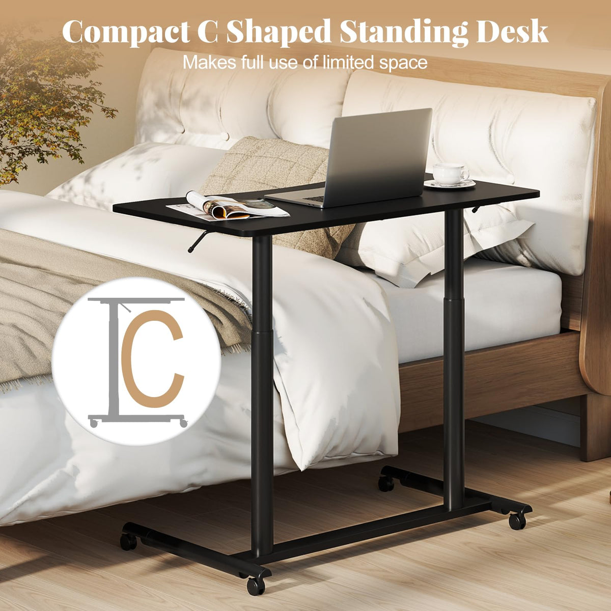 Goflame Mobile Standing Desk Height Adjustable Computer Desk with Wheels & Aluminum Frame