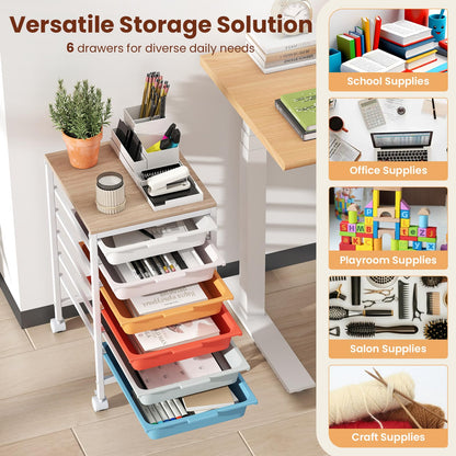 Goflame 6-Drawer Rolling Storage Cart with Wooden Tabletop