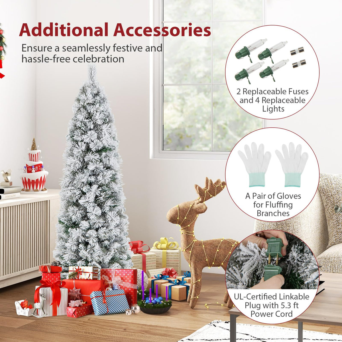 Goflame Pre-Lit Snow Flocked Pencil Christmas Tree for Home Office Holiday Decor