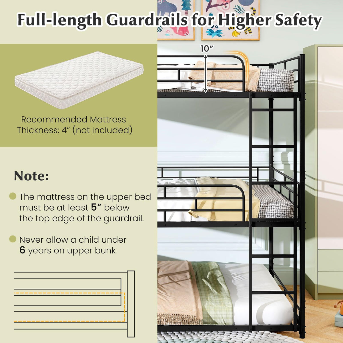 Goflame Metal Full Over Full Over Full Bunkbeds with Safety Guardrails & 2 Ladders