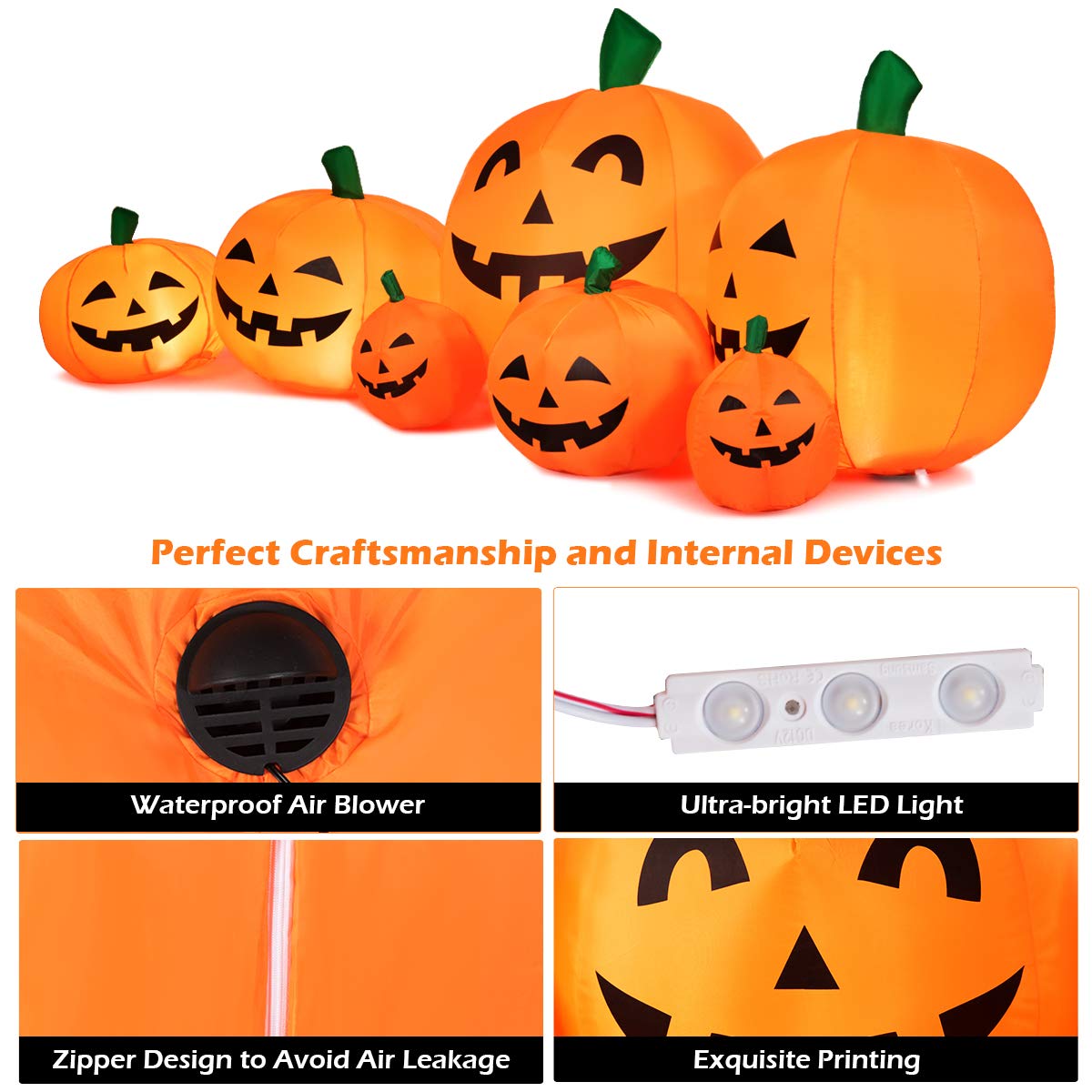 7.5 Ft Halloween Inflatable Pumpkin Patch, Inflatable Blow Up Flashing Lights 7 Pumpkins
