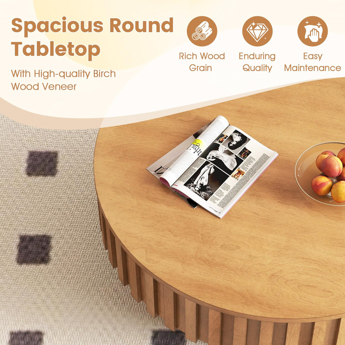 Goflame Round Coffee Table with Storage | Modern Drum Fluted Center Table with Solid Wood Veneered
