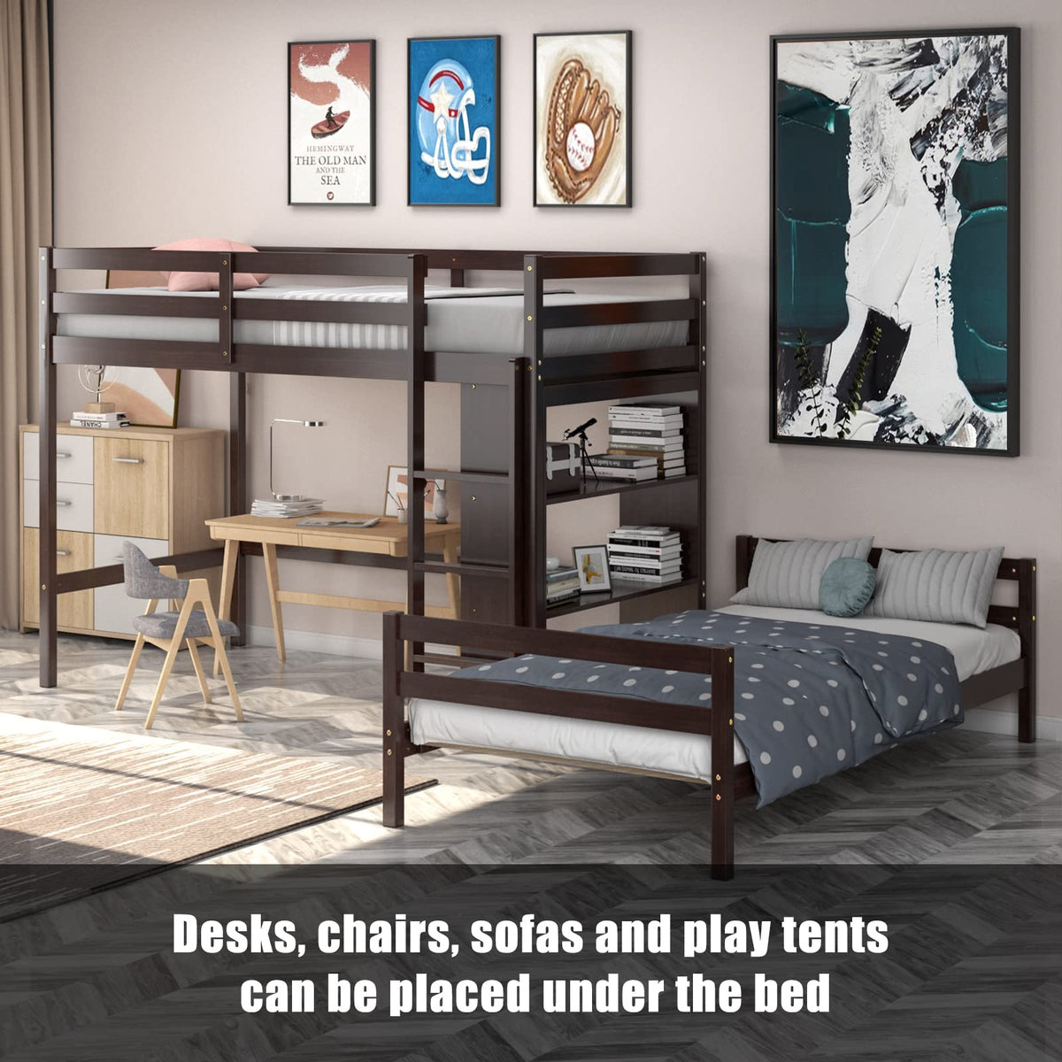 Goflame Twin Over Twin Loft Bed w/ Bookcase, Bunk Bed w/ 12.5" Full-Length Guardrail & Ladder