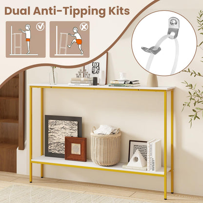 Goflame Gold Console Table with Shelf, 44" Narrow Entryway Table w/Dual Anti-Tipping Kits & Golden Metal Frame