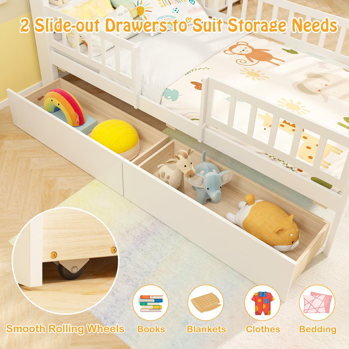 Goflame Twin House Bed with 2 Storage Drawers