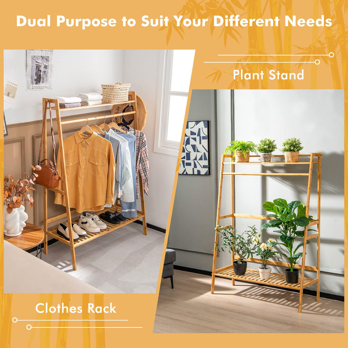 Goflame 3 Tier Bamboo Clothing Rack with Shelves, Heavy Duty Freestanding Clothes Organizer Rack with Coat Hooks