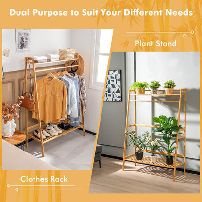 Goflame 3 Tier Bamboo Clothing Rack with Shelves, Heavy Duty Freestanding Clothes Organizer Rack with Coat Hooks