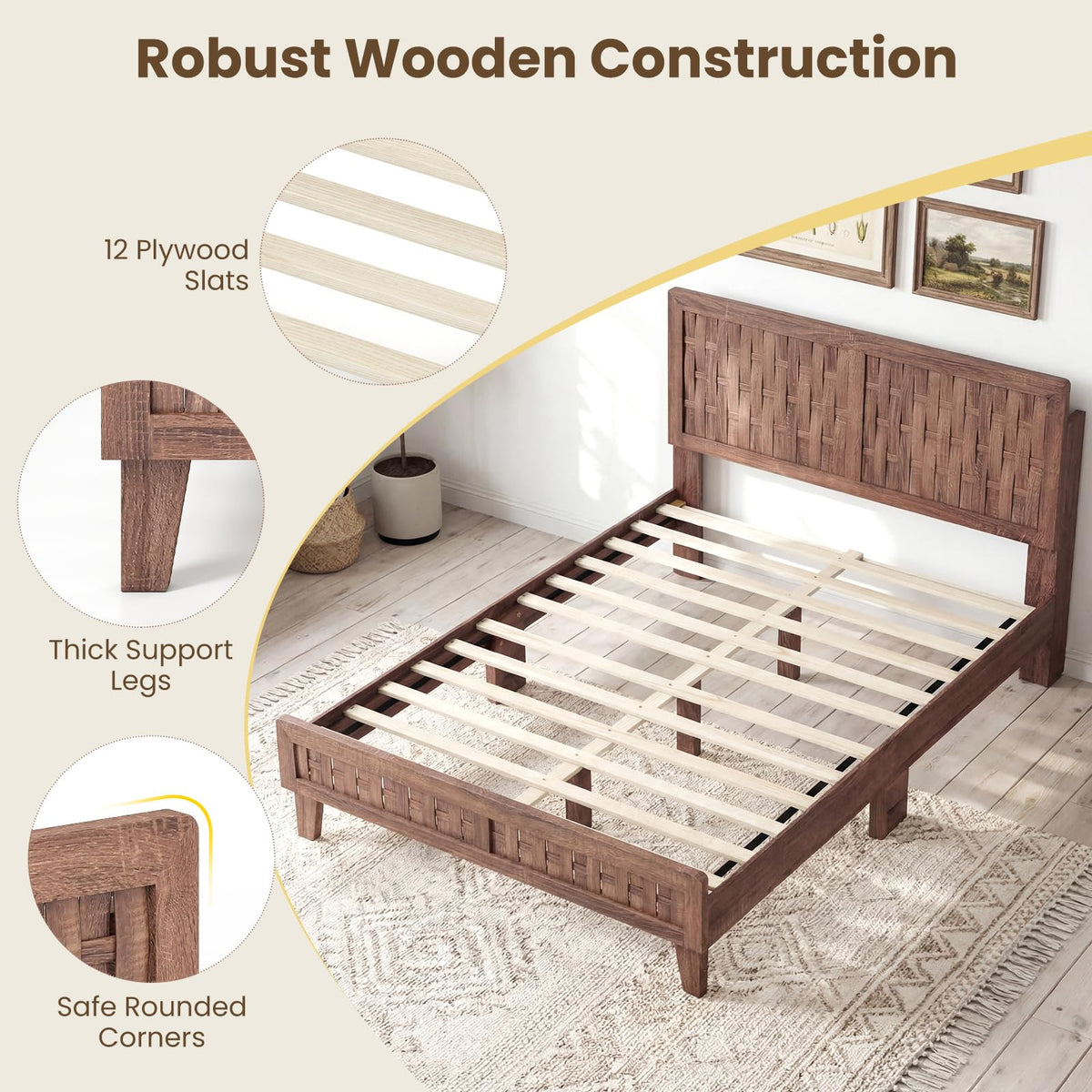 Goflame Wood Bed Frame with Woven Headboard (Full/Twin/Queen)