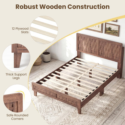 Goflame Wood Bed Frame with Woven Headboard (Full/Twin/Queen)