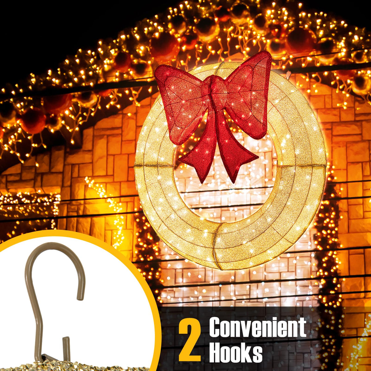 Goflame 48 Inch Pre-Lit Christmas Wreath, Indoor/Outdoor Xmas Decoration with 200 LED Lights