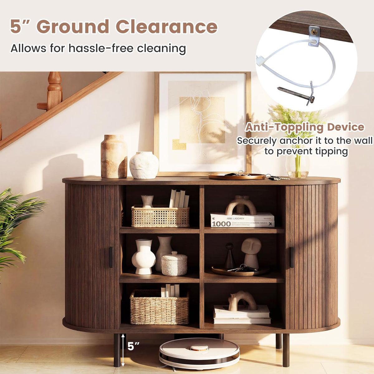 Goflame 47'' Fluted Sideboard Buffet Cabinet with Tambour Sliding Doors