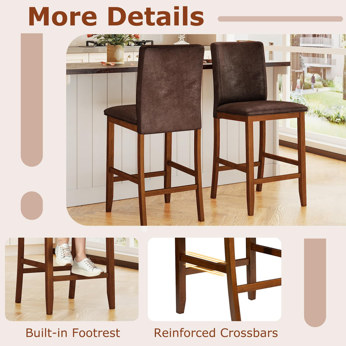 Goflame 26" Bar Stools Set of 2/4 Upholstered Counter Height Bar Chairs with Solid Rubber Wood Legs