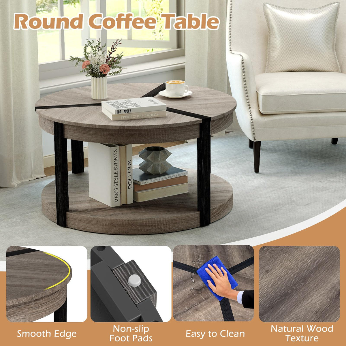 Goflame 2 Tier Round Coffee for Living Room Reception Room