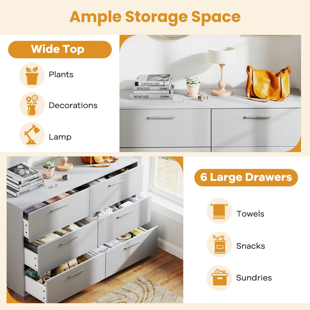 Goflame Storage Cabinet with 6 Drawers, Metal Legs & Handles, Anti-Toppling Devices, Grey