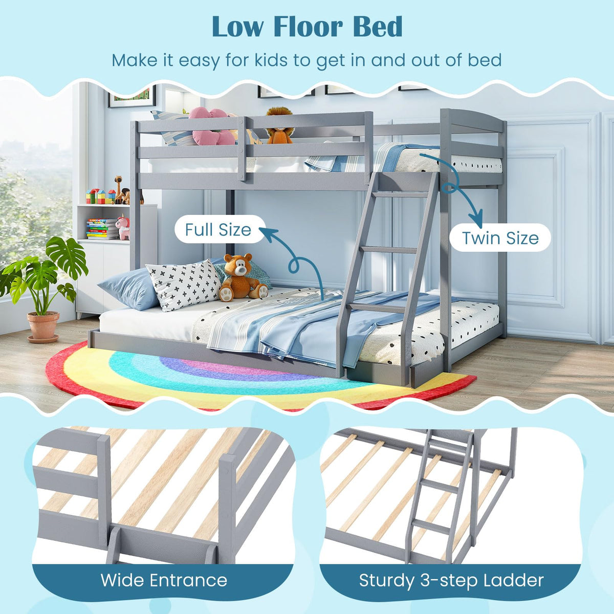 Goflame Twin Over Full Bunk Bed Solid Wood Kids Bunk Bed with Full-Length Guardrails & Ladder