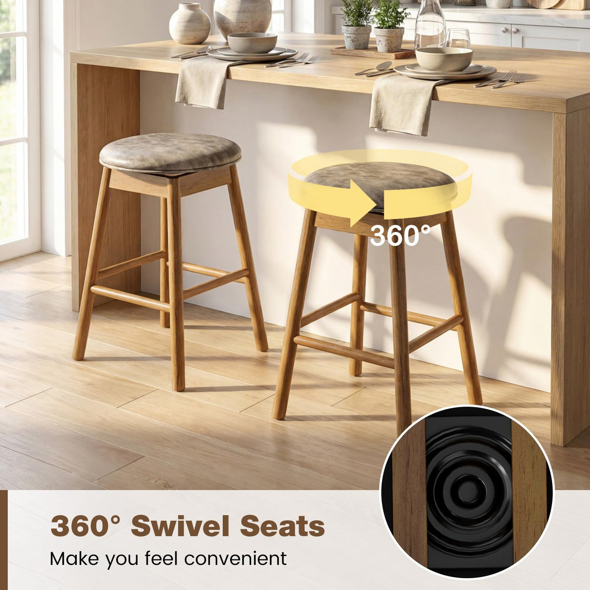 Goflame Swivel Counter Height Barstools with Solid Wood Legs and Footrests