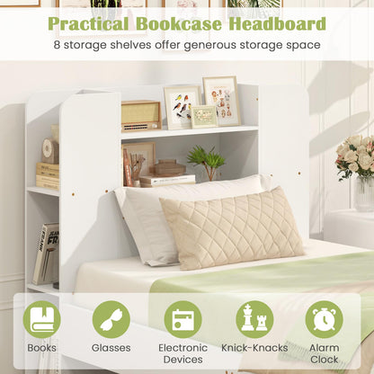 Goflame Twin Bed Frames for Kids, Wooden Twin Size Bed with Storage Bookcase Headboard