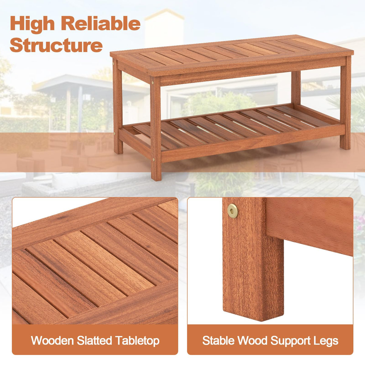 Goflame Hardwood Patio Coffee Table - 2-Tier Wooden Coffee Table