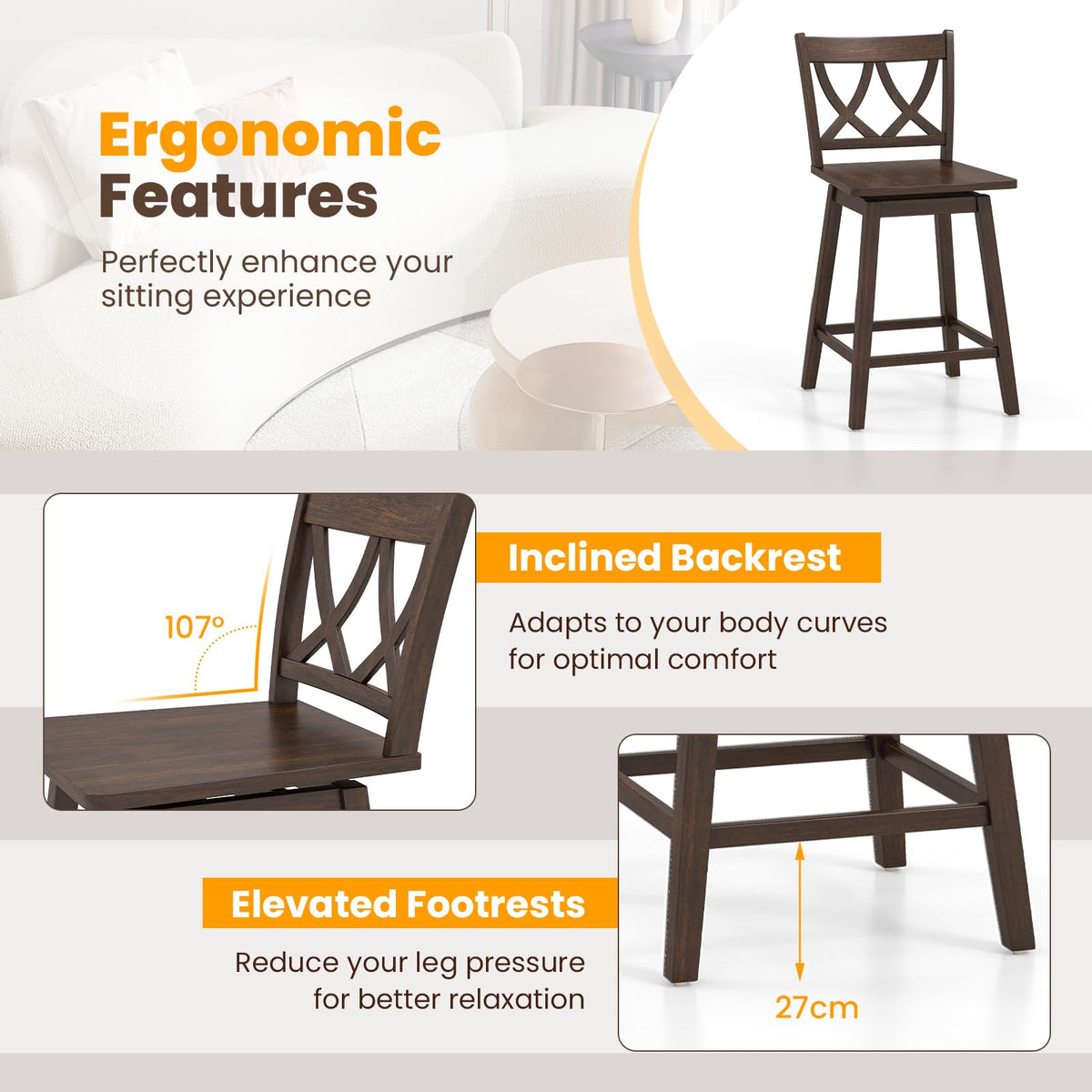 Goflame 24" Bar Stools Set of 2/4, Swivel Wooden Bar Chairs with Rubber Wood Frame, Dark Grey