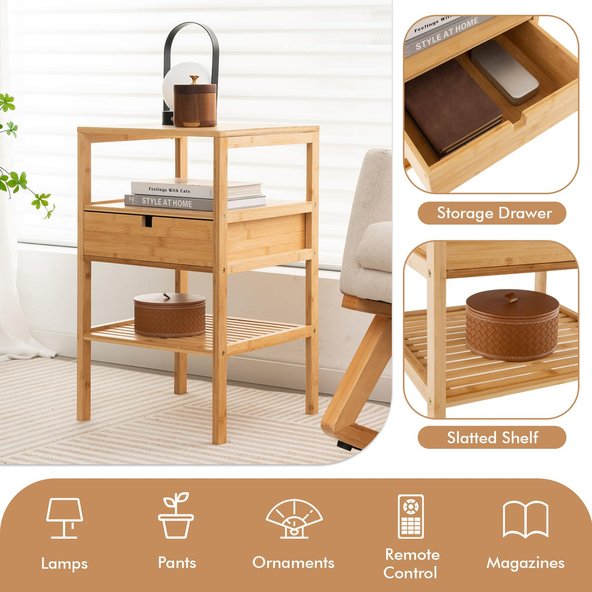 Goflame Nightstand Set of 1/2, Bamboo End Table with Drawer and 2 Open Shelves