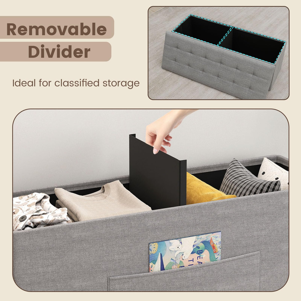 Goflame 43 Inches Folding Storage Ottoman Bench Upholstered Storage Chest with Side Pocket