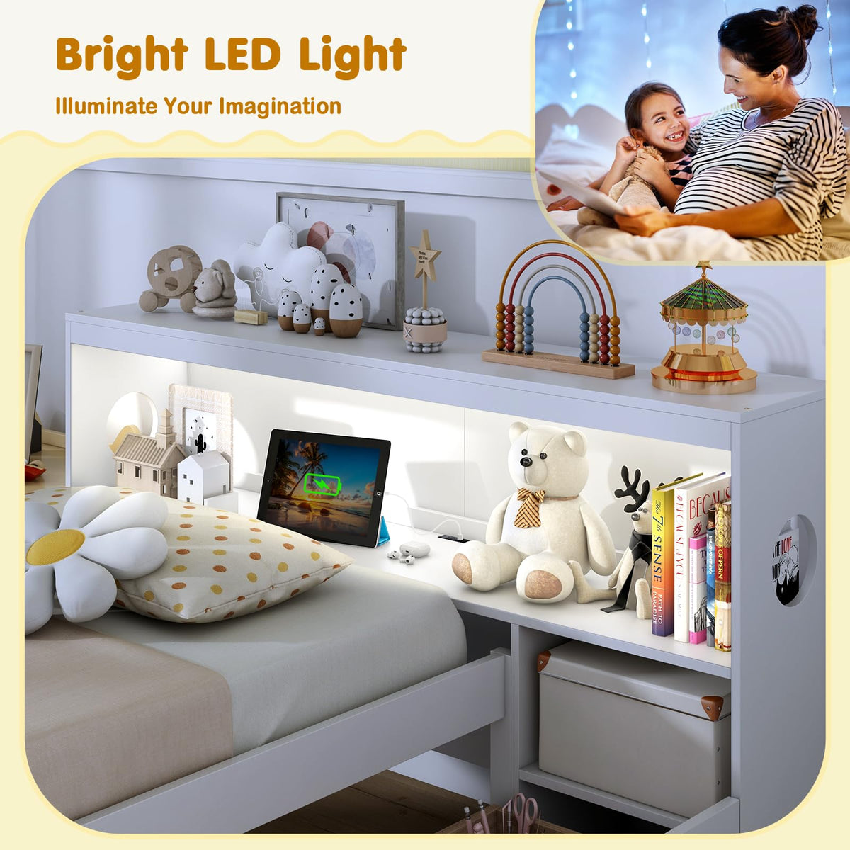Goflame Wood Twin Bed Frame with Storage Drawer & Headboard, Modern Platform Bed with Charging Station & LED Light