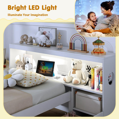 Goflame Wood Twin Bed Frame with Storage Drawer & Headboard, Modern Platform Bed with Charging Station & LED Light