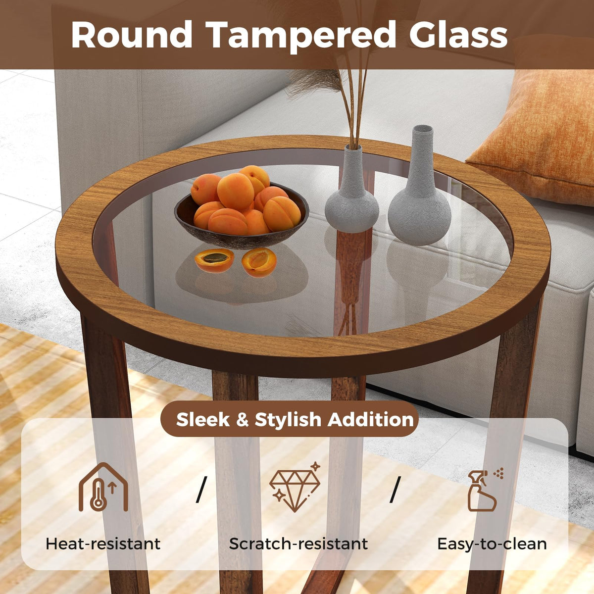 Goflame Glass Round End Table, Sofa Side Table with Transparent Tempered Glass Top