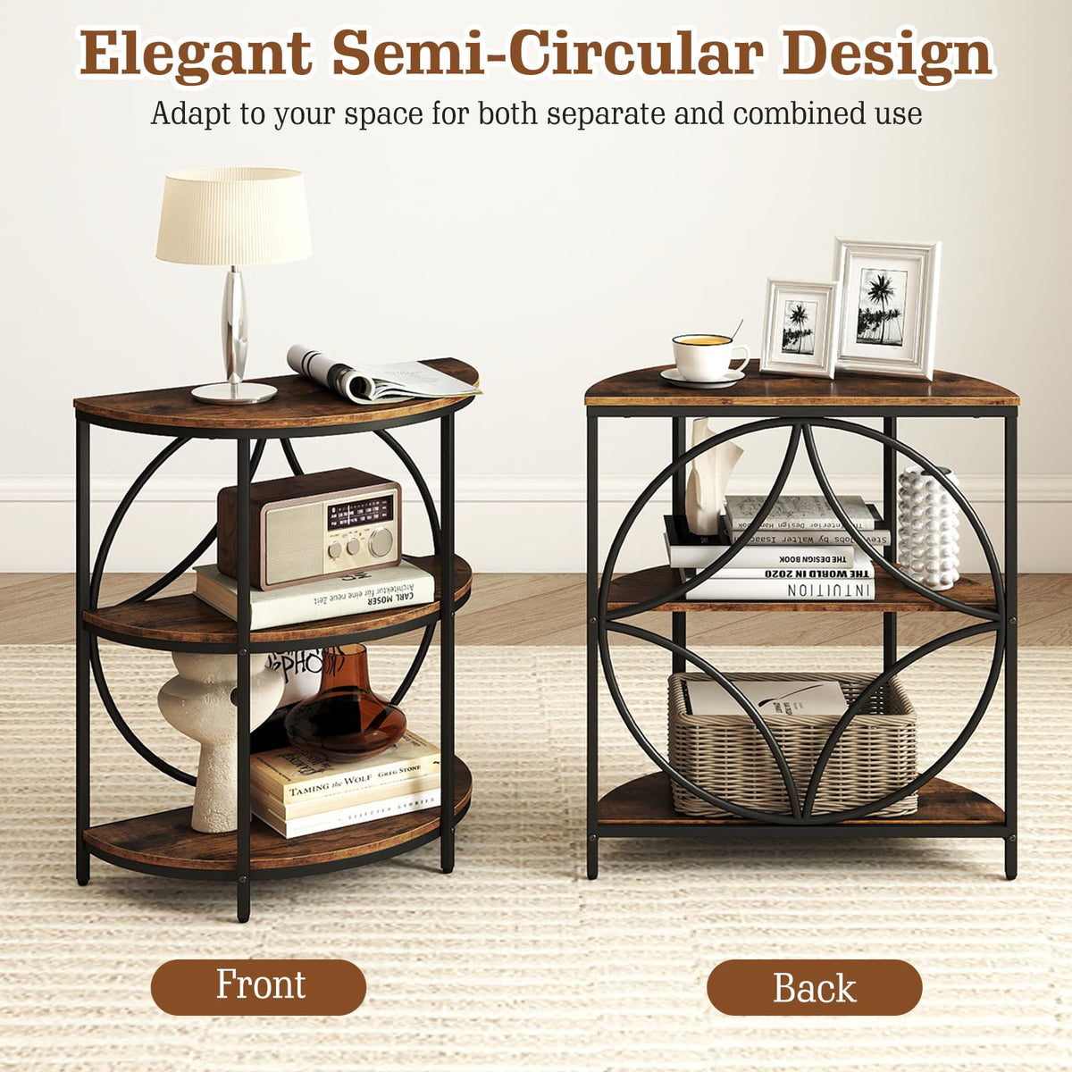 Goflame Half Round End Table 3-Tier Narrow Side Table(1/2)