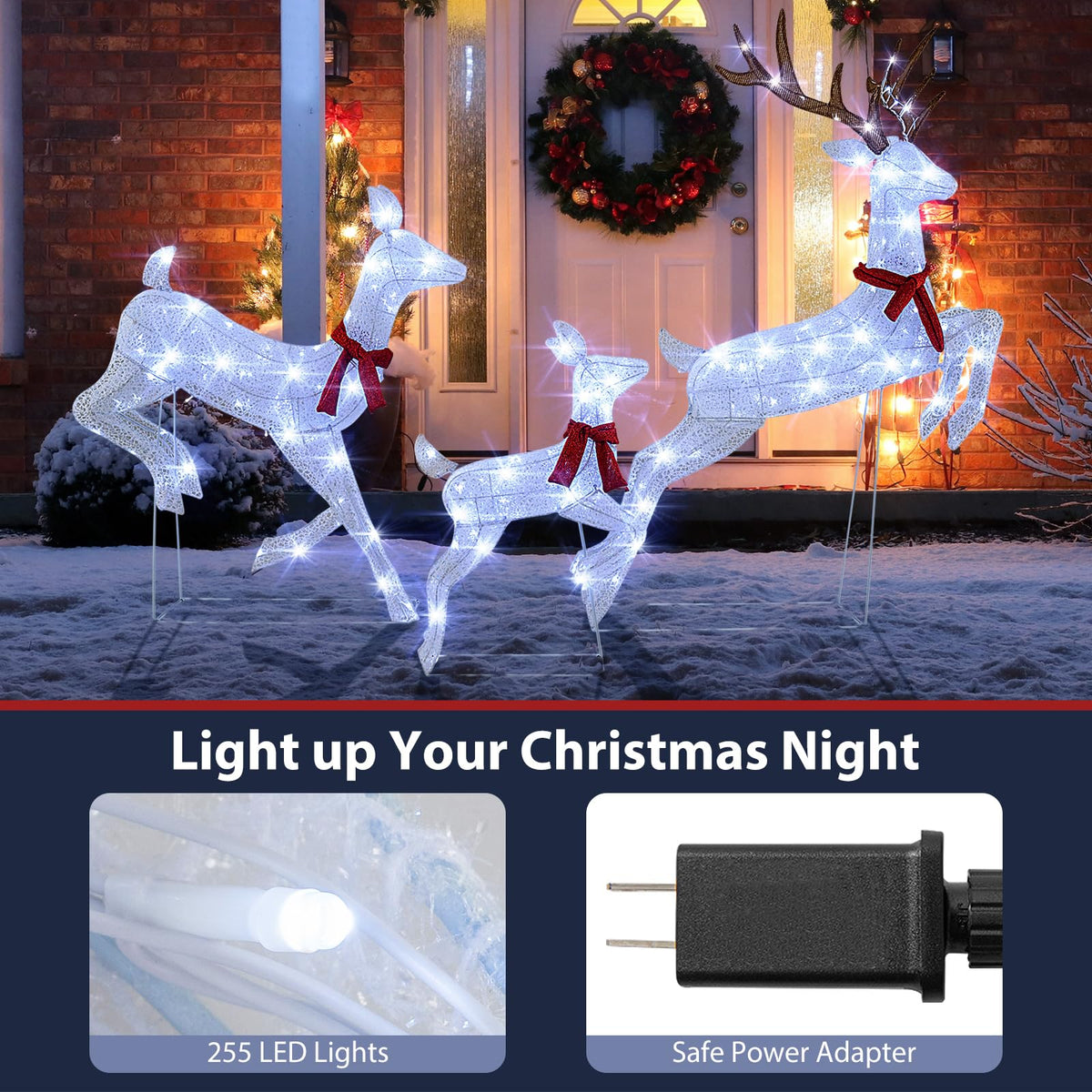 Goflame 3-Piece Large Lighted Christmas Reindeer Family, Light up Xmas Decorations w/255 LED Lights & Scarves