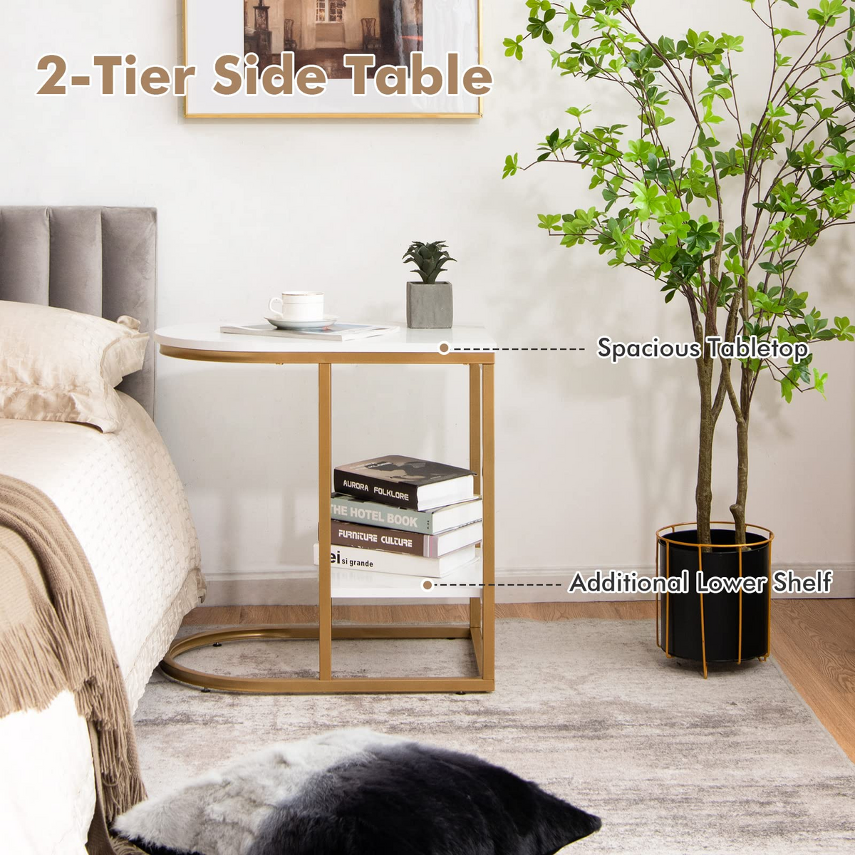 Goflame Side Table, 2-Tier C-Shaped End Table