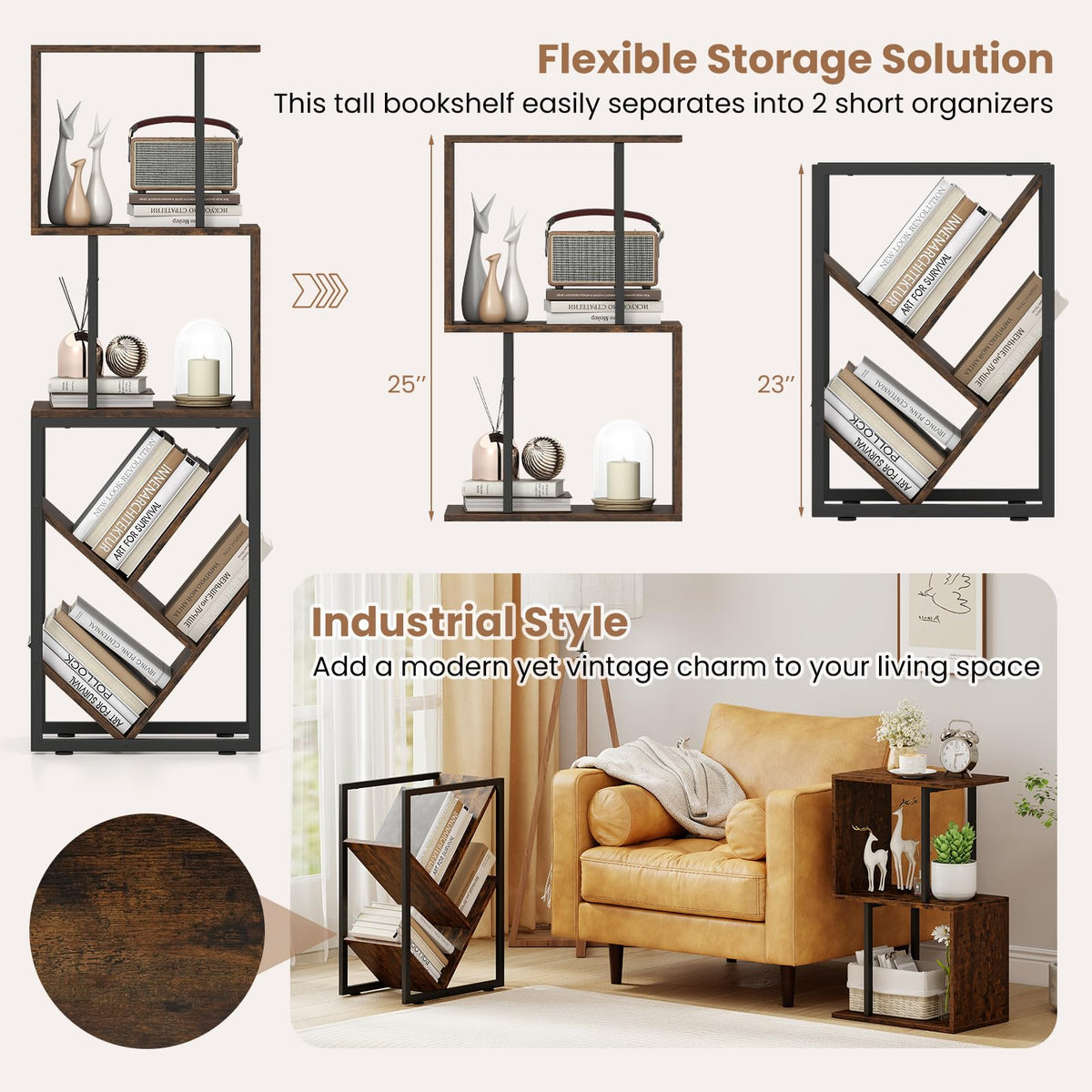 Goflame 6-Tier Bookshelf | Industrial S-Shaped Geometric Bookcase with Open Display Shelves