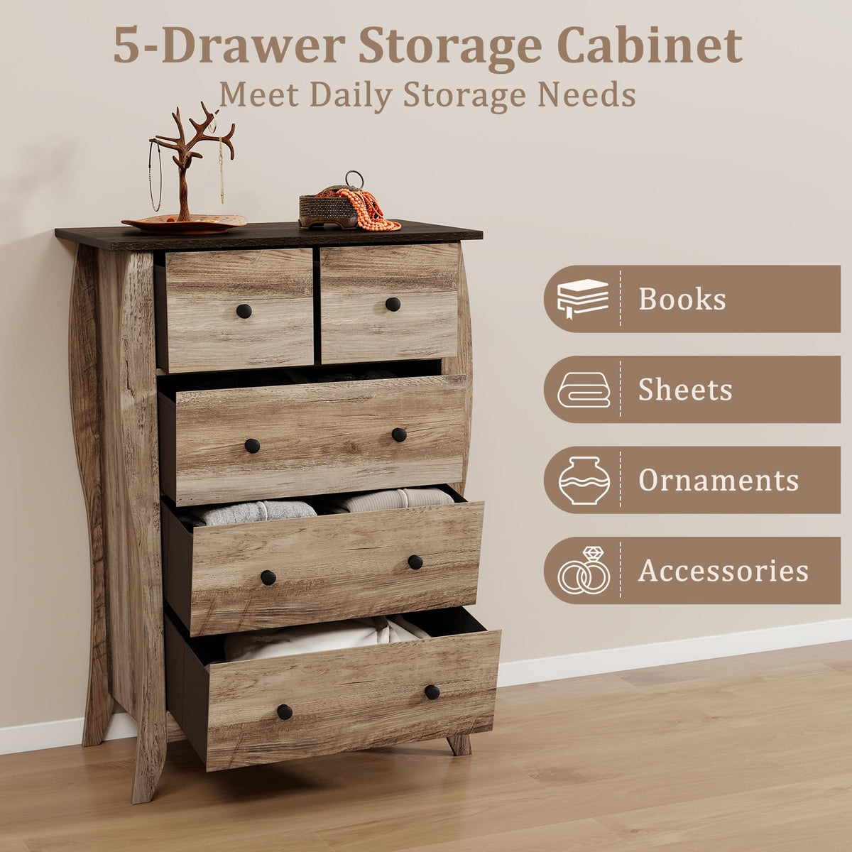 Goflame Storage Cabinet with Foldable & Detachable Fabric Drawers, Anti-Tipping Kit, 26.5” x 15” x 38” Farmhouse Floor Cabinet