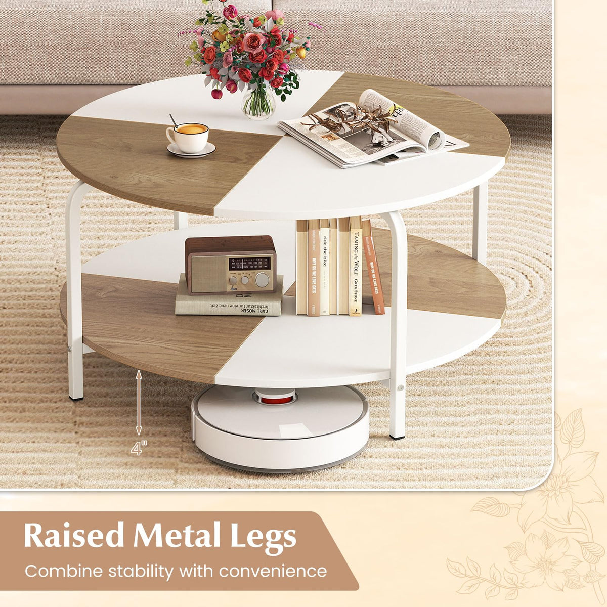 Goflame Round Coffee Table 2-Tier Center Table with Open Storage Shelf