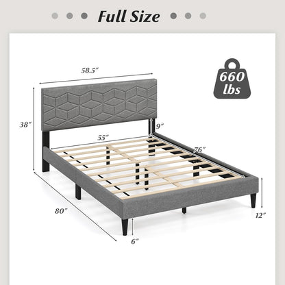 Goflame Queen/Full/Twin Size Upholstered Bed Frame Modern Platform Bed with Linen Fabric Geometric Headboard