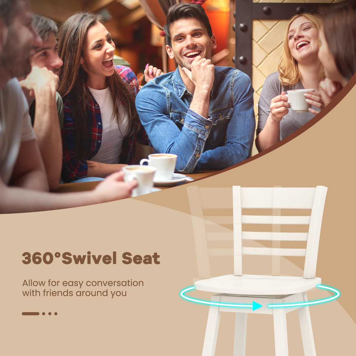 Goflame Wood Bar Stools, Swivel Counter Height Bar Stools with Slatted Hollow Back & Ergonomic Contoured Seat